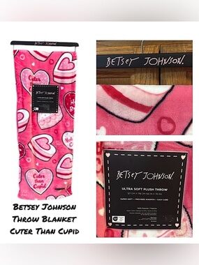 Betsey Johnson Pink Heart Cupid Throw Blanket NWT on hanger plush soft 50”x70”